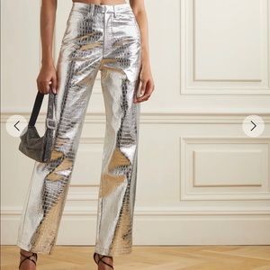 ROTATE BIRGER CHRISTENSEN faux leather metallic high waisted silver pants croc